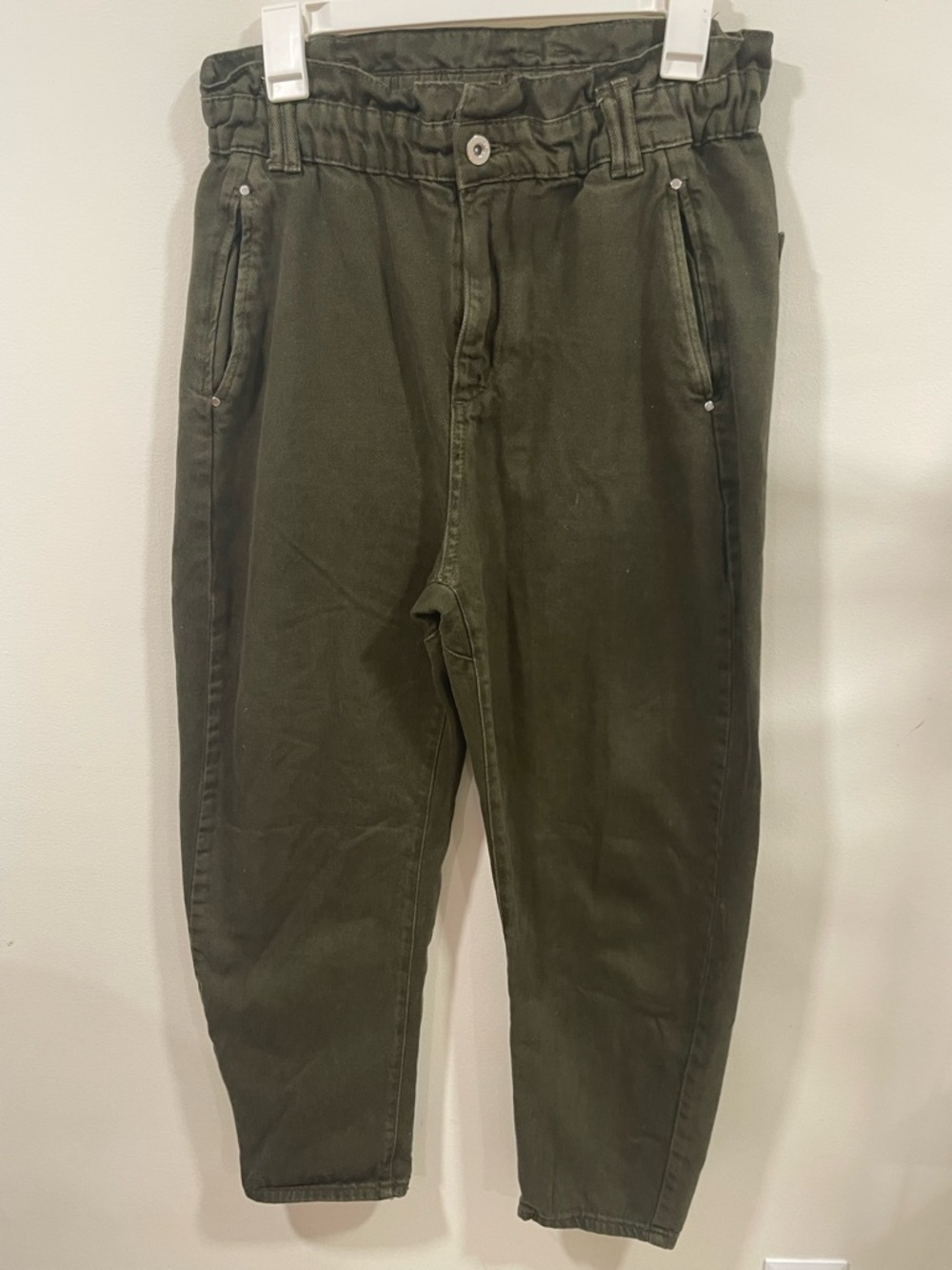 Zara Olive Green High-Waist Barrel Paperbag Jean